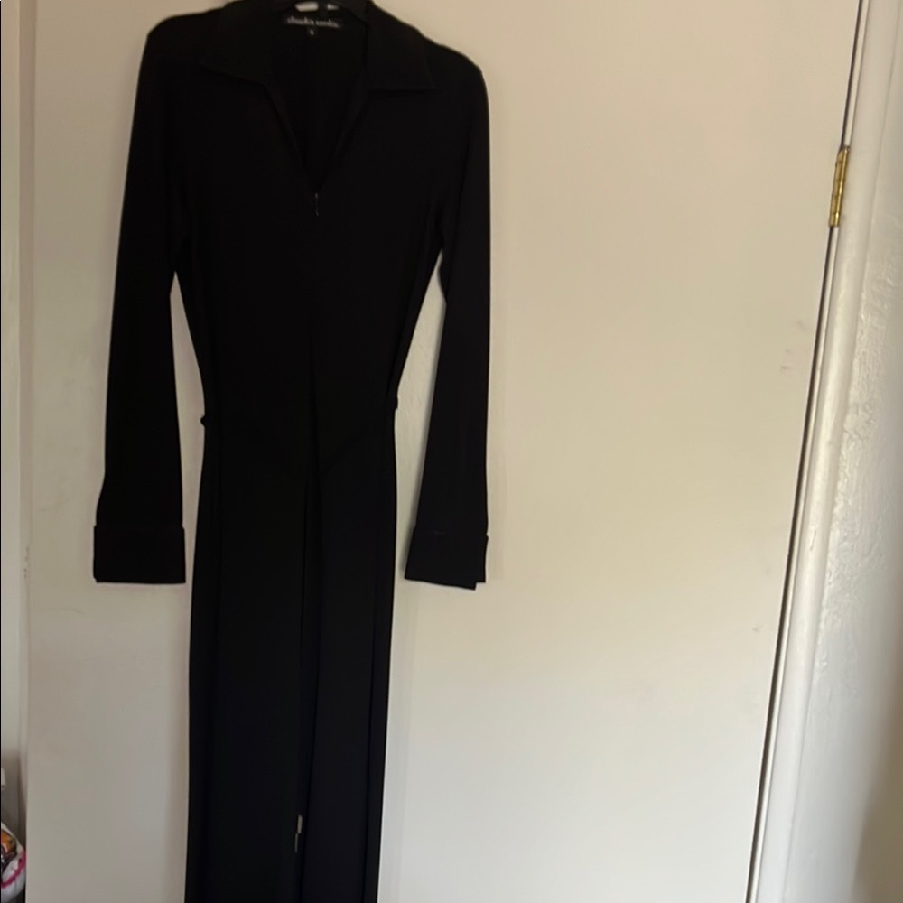 Claudia Cordic Black Long Sleeve Notched Collar Sheath Jumpsuit